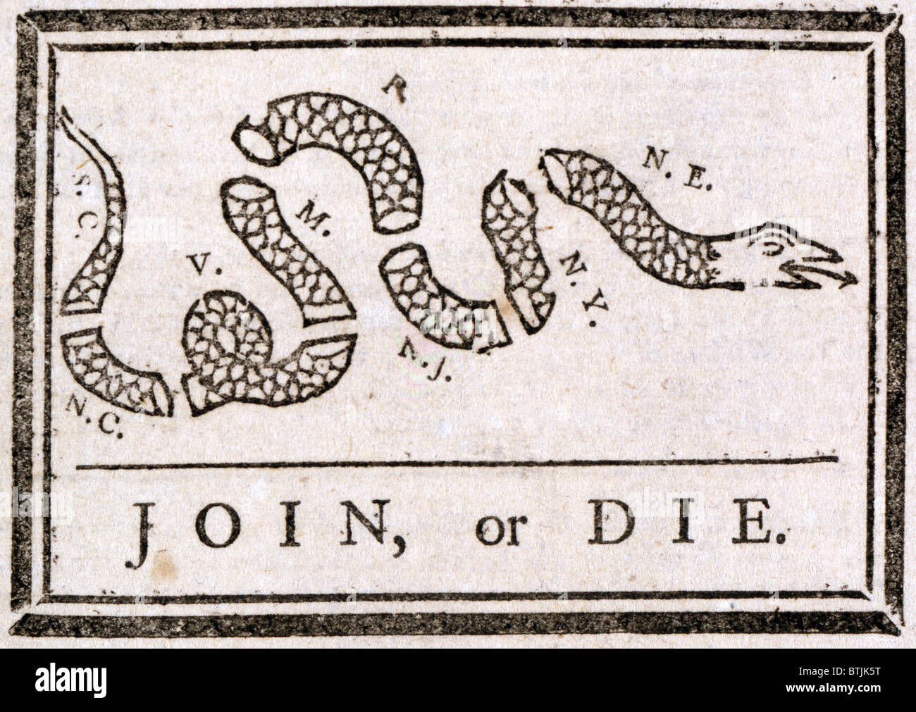 The American Revolution, Join or die, Benjamin Franklin's warning to the British colonies in America, 'Join or die' exhorting them to unite against the French and the natives, shows a segmented snake, from The Pennsylvania Gazette, by Benjamin Franklin, circa 1754. Stock Photo