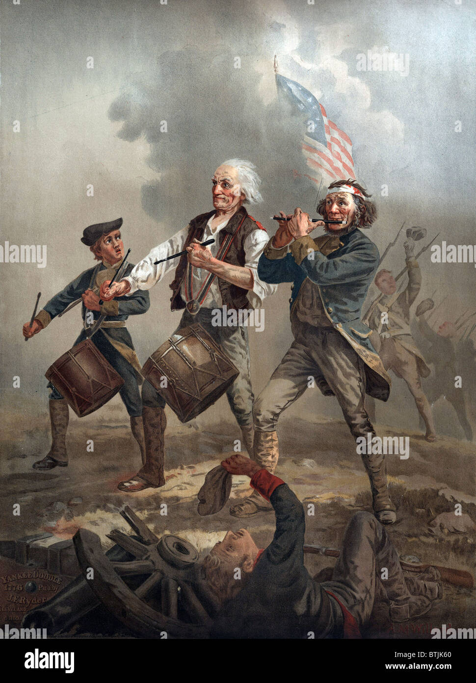 The American Revolution, Yankee Doodle 1776, three patriots, two playing drums and one playing a fife leading troops into battle, by Archibald M. Willard, circa 1876. Stock Photo