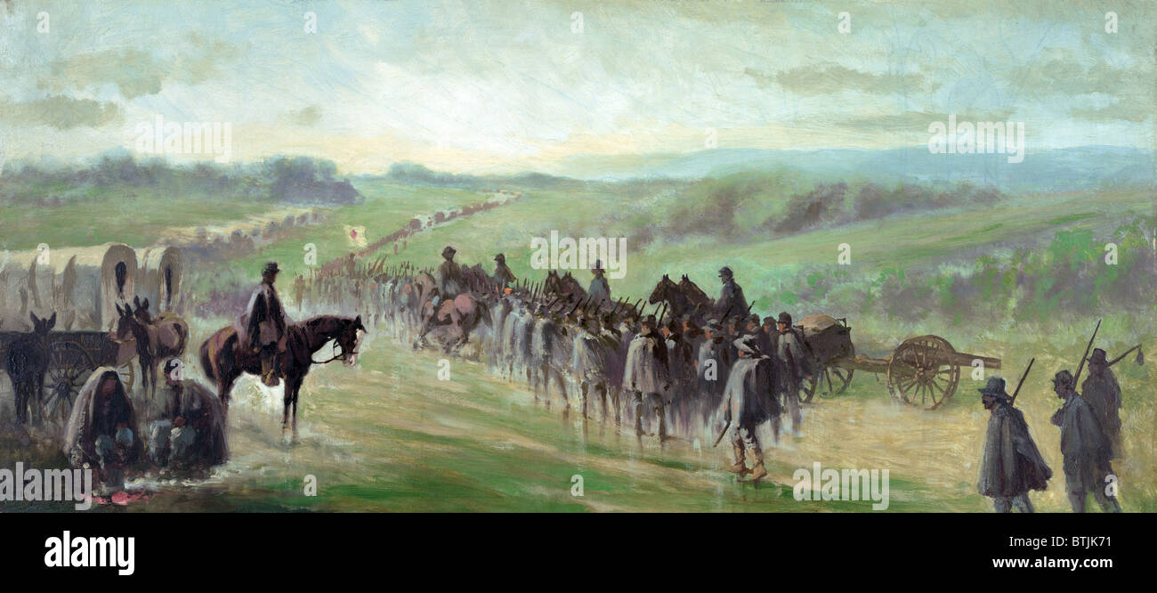 The Civil War. The battle of Gettysburg, Pursuit of Lee's army. Marching through the rain. Oil painting by Edwin Forbes. 1870-1890. Stock Photo