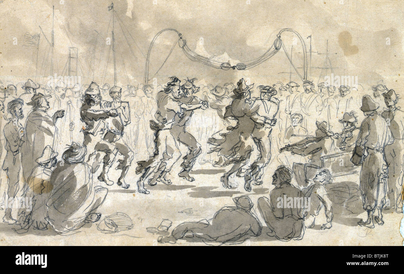 The Civil War.Released Prisoners - The dance upon the deck of the Confederate 'Star of the South'. Ink wash on paper by William Stock Photo