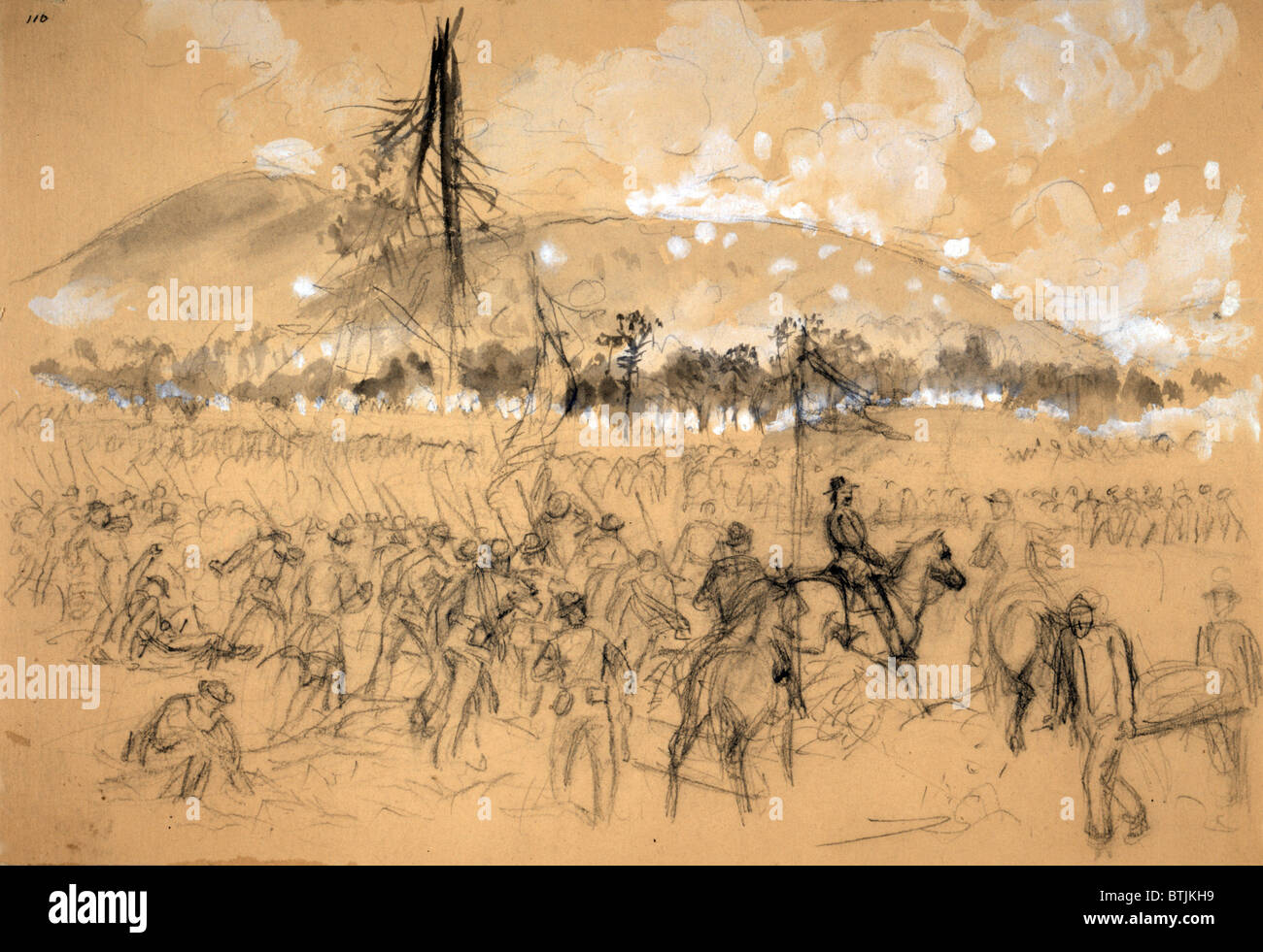 The Civil War, General William Tecumseh Sherman, at the Battle of Kennesaw Mountain, Georgia. Sketch of Union troops charging towards Kennesaw, drawing on yellow paper, by Alfred R. Waud, June 27, 1864. Stock Photo