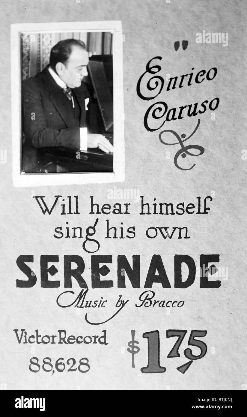 Advertisement for Victor Records, text reads: 'Enrico Caruso will hear himself sing his own Serenade, Music by Bracco, Victor Record 88,628', circa 1910s. Stock Photo