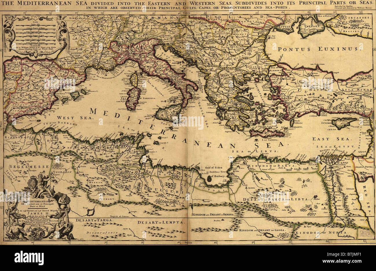 1685 map of the Mediterranean Sea and coastal lands. Stock Photo