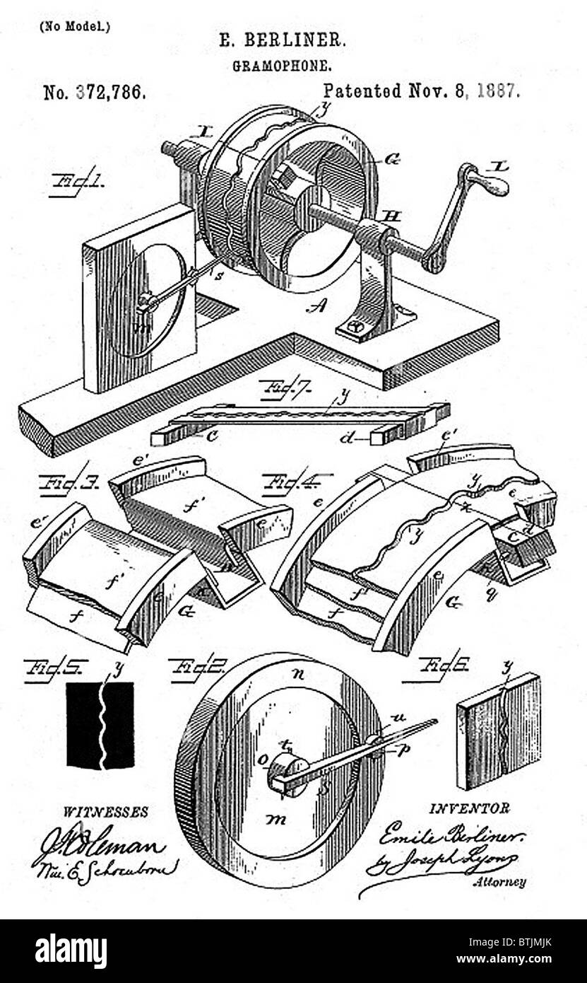 Early recording device: The Berliner Gramophone patent diagram, 1887. Stock Photo