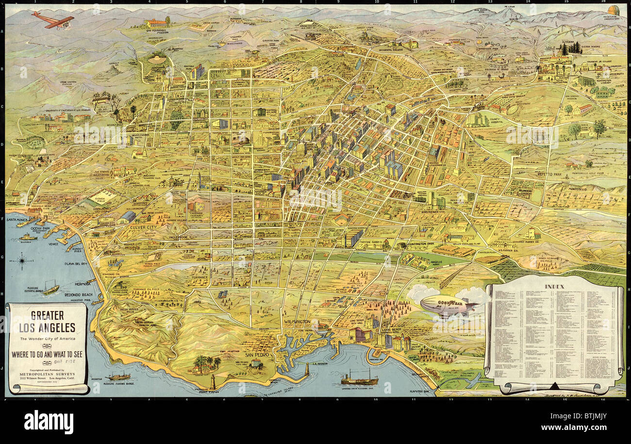 1932 aerial map of Greater Los Angeles, the wonder city of America. Stock Photo