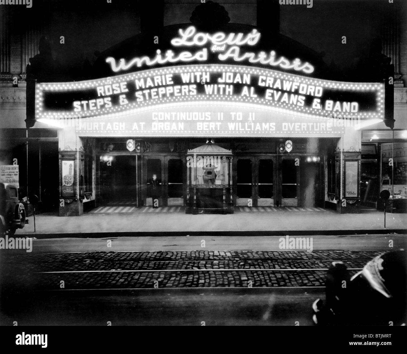 Loew's and United Artists Ohio Theatre, exterior showing ROSE-MARIE, with Joan Crawford, and STEPS 7 STEPPERS, with Al Evans & Band, Continuous 11 to 11, Murtagh at Organ, Bert Williams Overture, 39 East State Street, Columbus, Franklin County, Ohio, 1928. Stock Photo