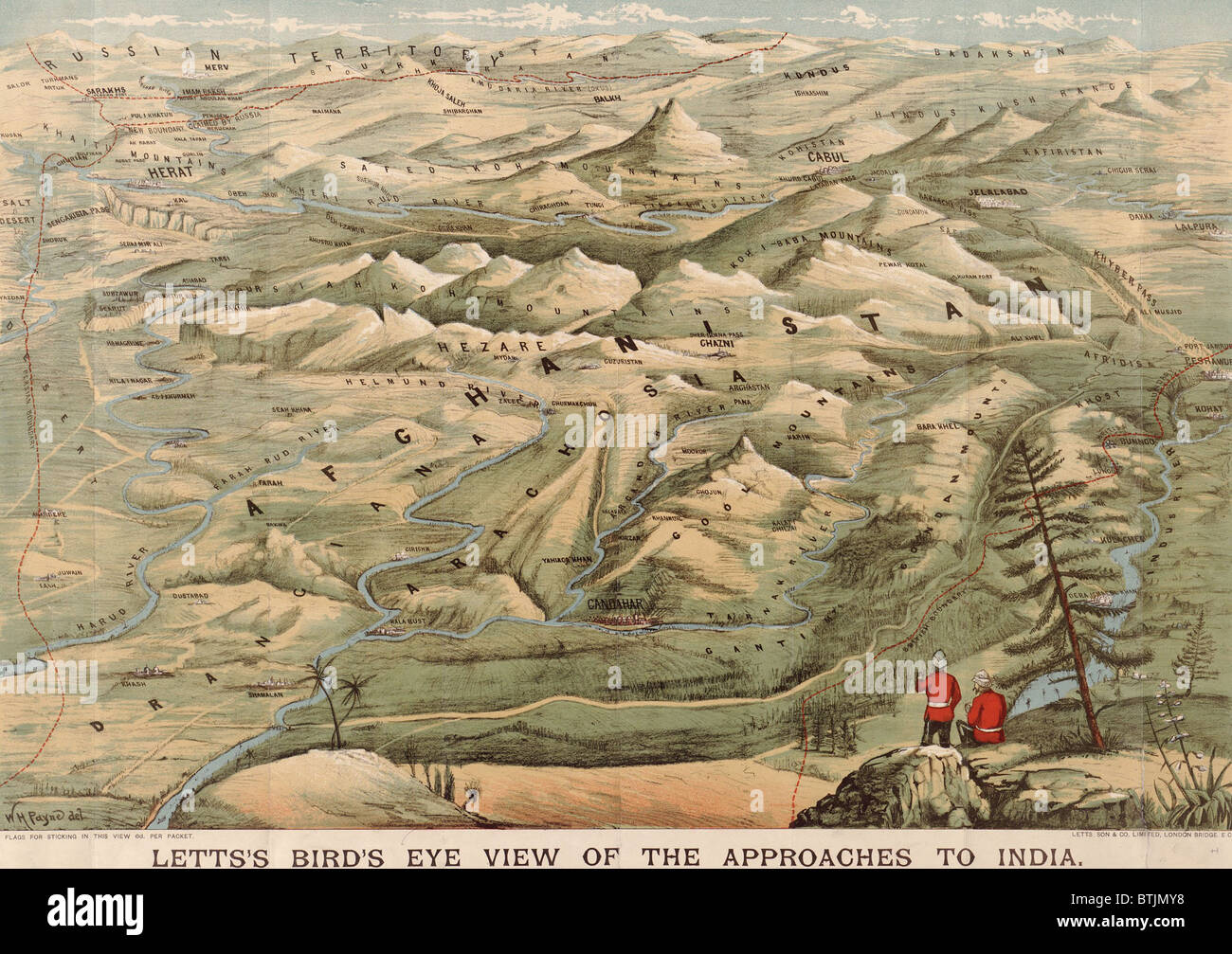 Early 20th century British map shows red coated soldiers looking into the Indus Valley and Afghanistan from Indian territory. In the late 19th century, the British failed to extend their colonial rule over Afghanistan. Stock Photo