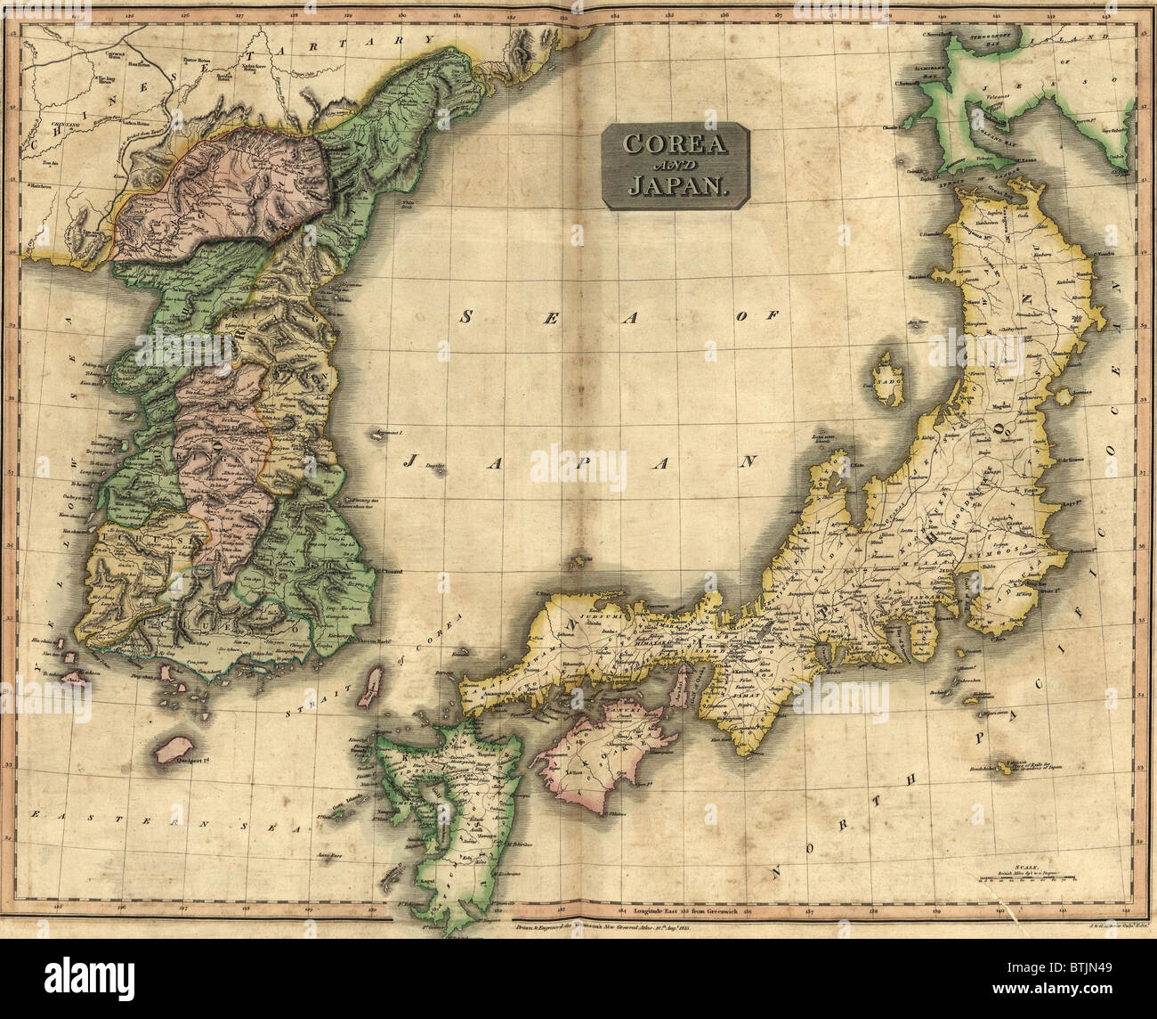 1815 map of Japan and Korea, showing their geographic proximity. Japan annexed Korea in 1905, and national independence returned only after World War 2. Stock Photo