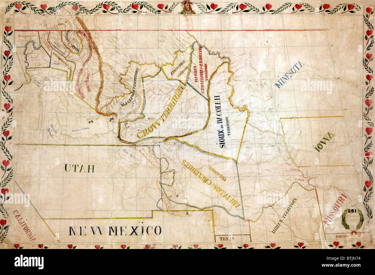 1851 map of the upper Great Plains and Rocky Mountains region shows territories of various North American Indian tribes. Stock Photo