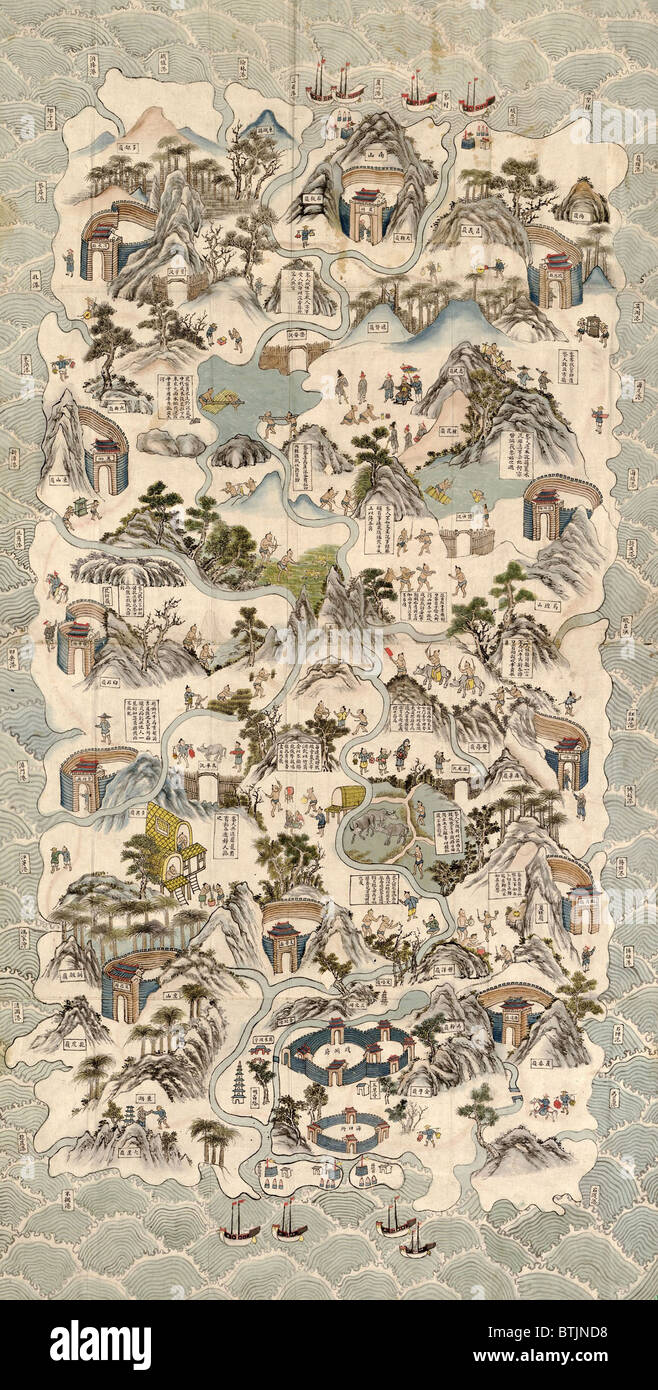 19th century Chinese pictorial map of the island of Hainan and shows the customs and habits of the Li tribes in the central part of the island. Stock Photo