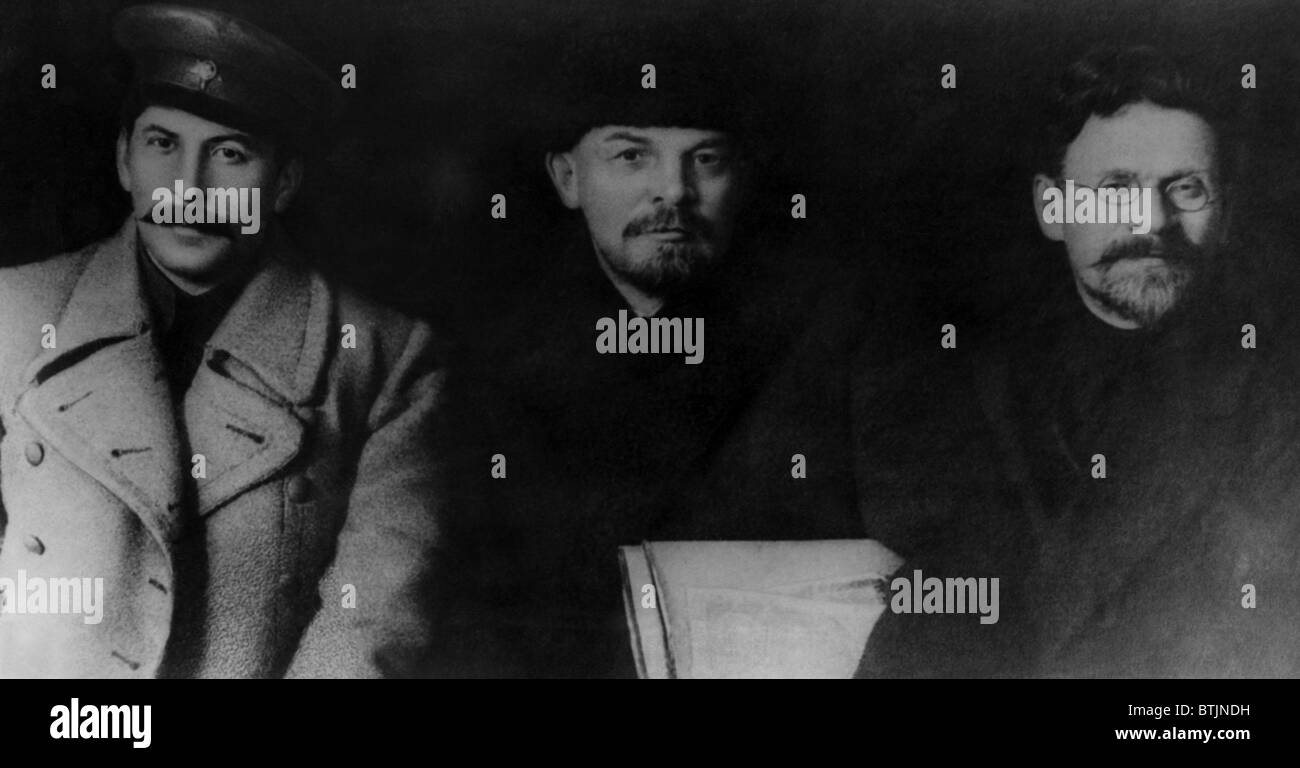 Josef Stalin, Vladimir Lenin, Mikhail Kalinin, at the VIII Congress of the Communist Party of the Soviet Union, March 1919. Stock Photo