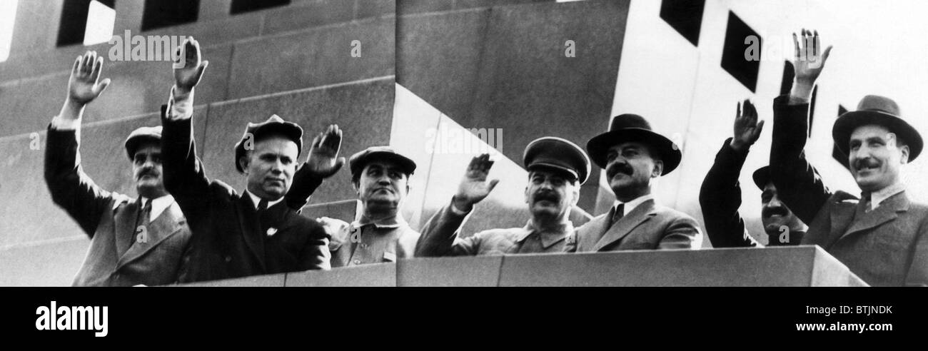 Soviet leaders Nikolay Shvernik, Nikita Khrushchev, Georgi Dimitrov, Josef Stalin, Vyacheslav Molotov, Artem Mikoyan, Vlas Chuba Stock Photo