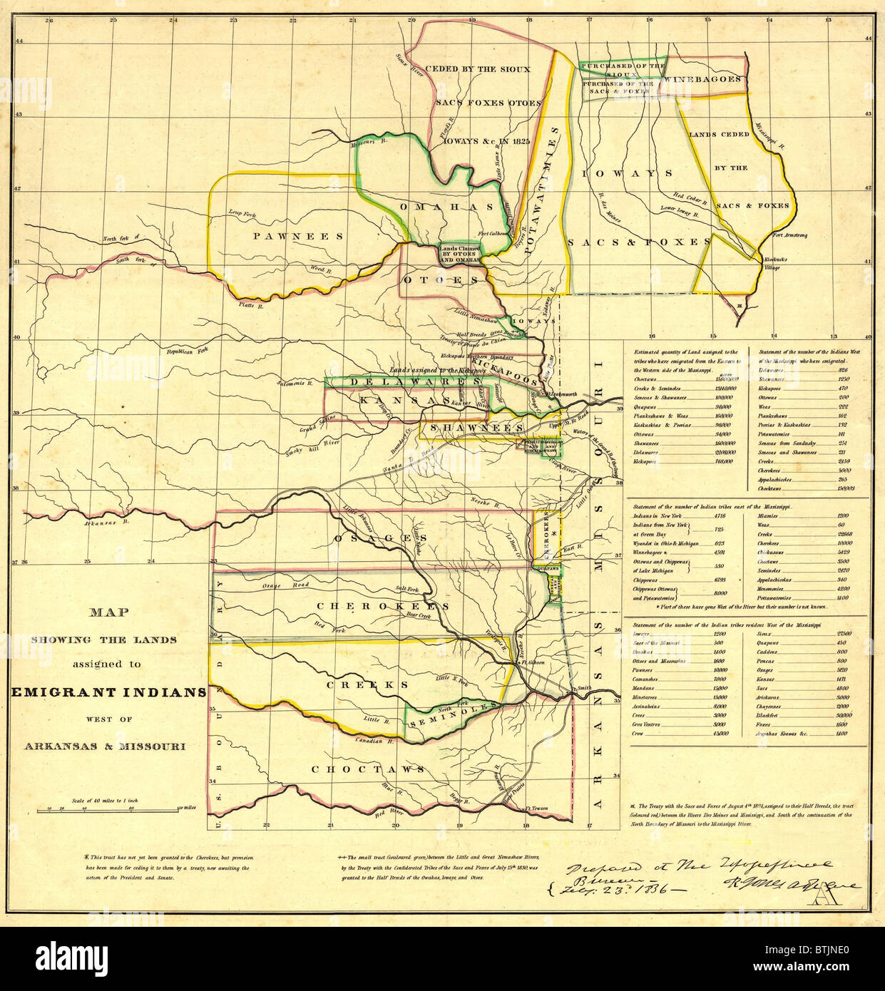1836 Map showing the Indian Territories (now Oklahoma) assigned to displaced Eastern Indians tribes; Cherokees, Creeks, Choctaws, Osages, and Seminoles. Stock Photo