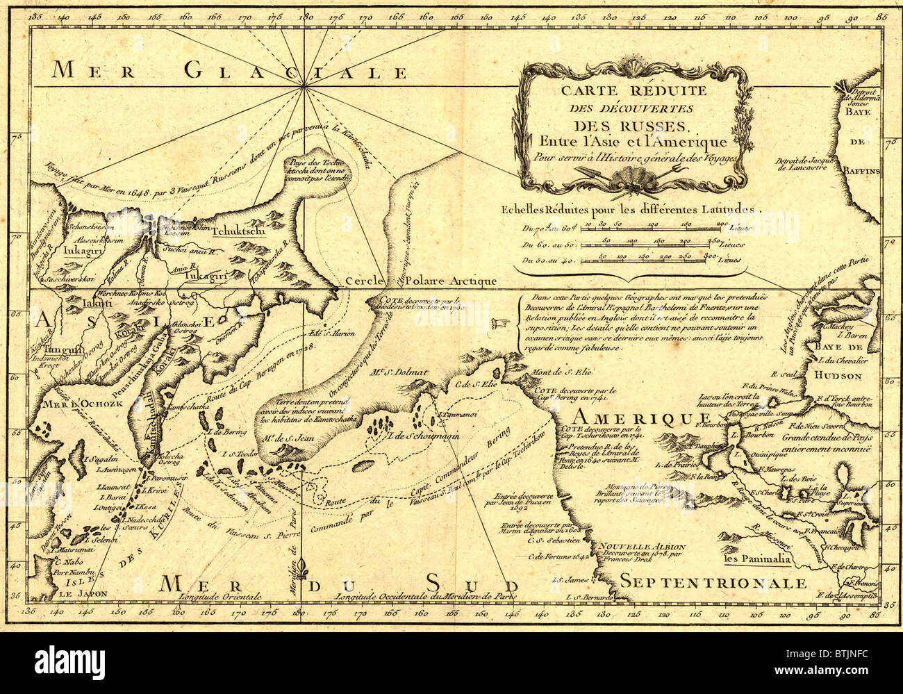 1747 map showing Alaska as a Russian territory. Russian 18th century eastward expansion extended beyond Siberia to North America. Stock Photo