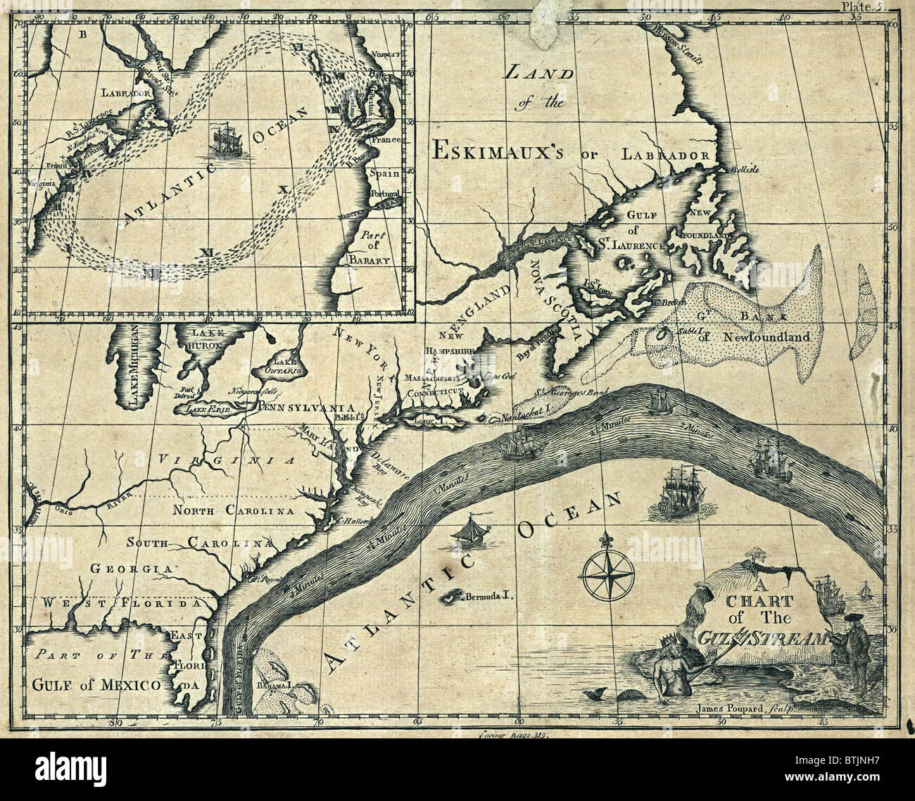 1786 chart of the Gulf Stream in the Atlantic Ocean. Stock Photo