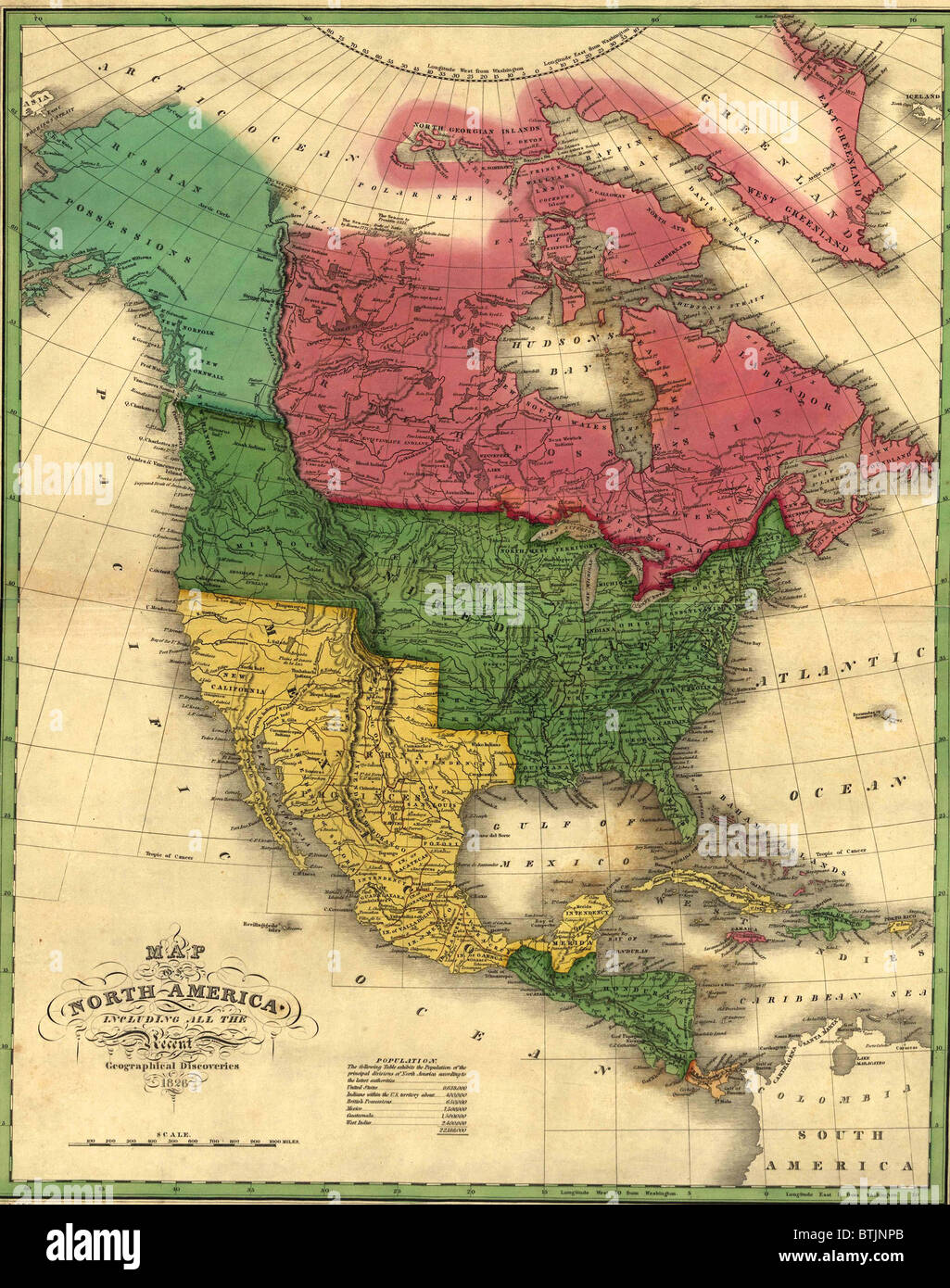 North American political boundaries in 1826. Image shows the Louisiana Purchase and Oregon Territory. Alaska is labeled as a Russian possession. Canada does not yet reach the Pacific Ocean. Mexico will be reduced after the Mexican War, 1847-49. Stock Photo
