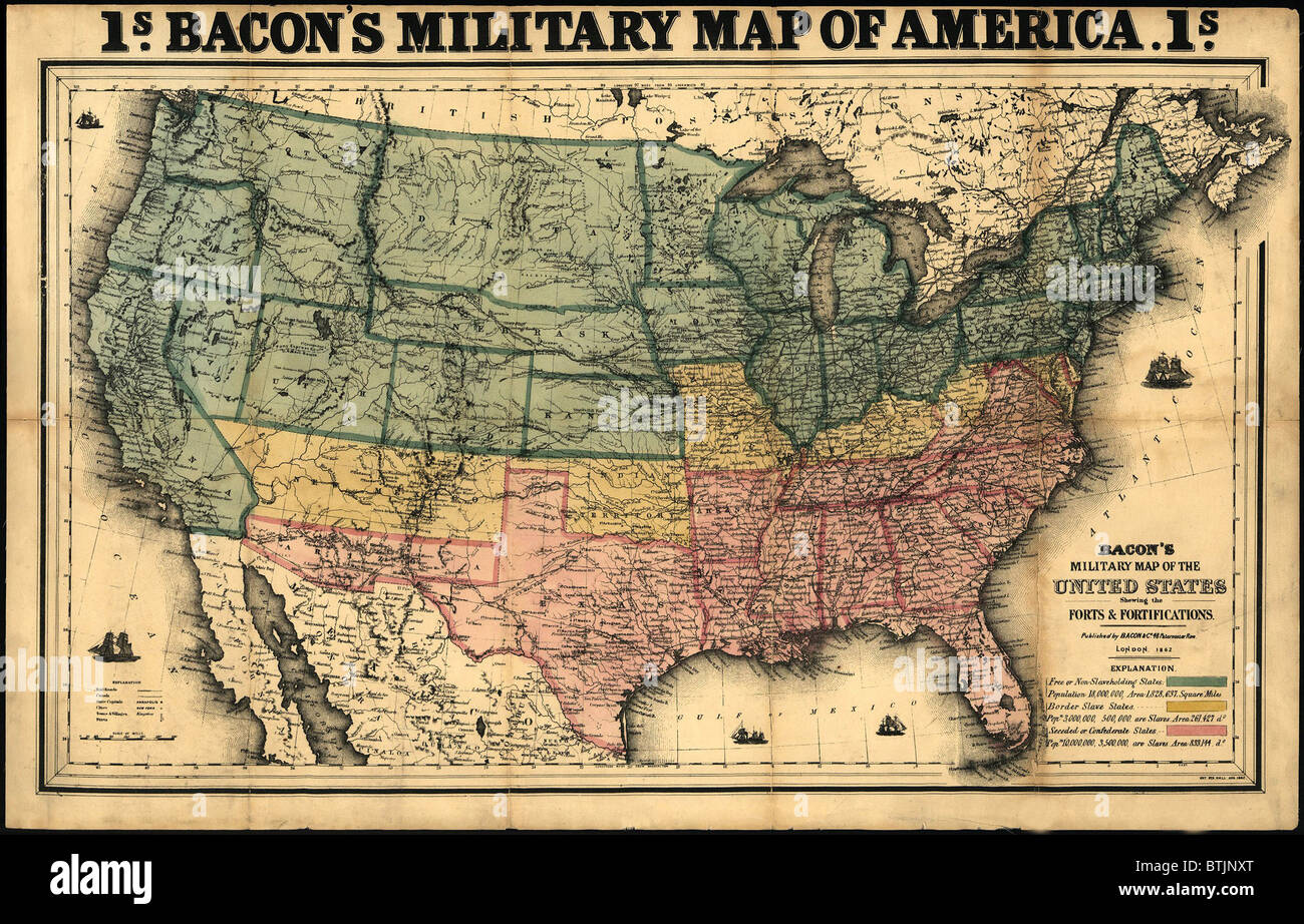 United States during the Civil War. 'Free or non-slaveholding states' are colored green, 'border slave states' are yellow, and 'seceded or Confederate States' are pink. 1862. Stock Photo