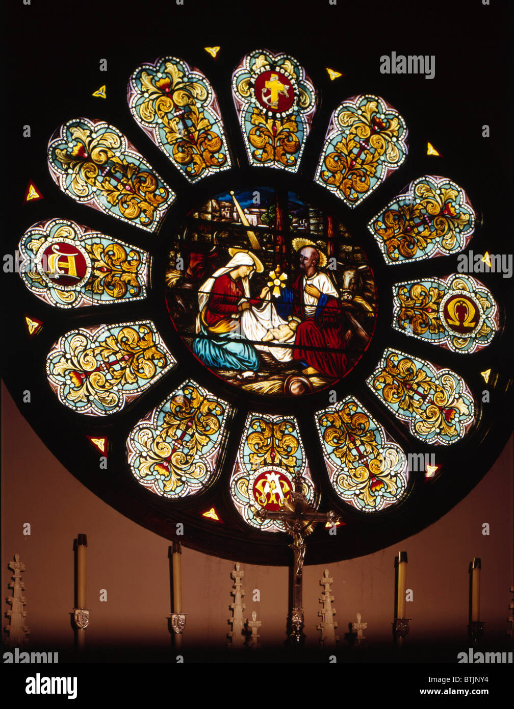 Stained Glass. Detail of Rose Window, Church of the Nativity, Menlo