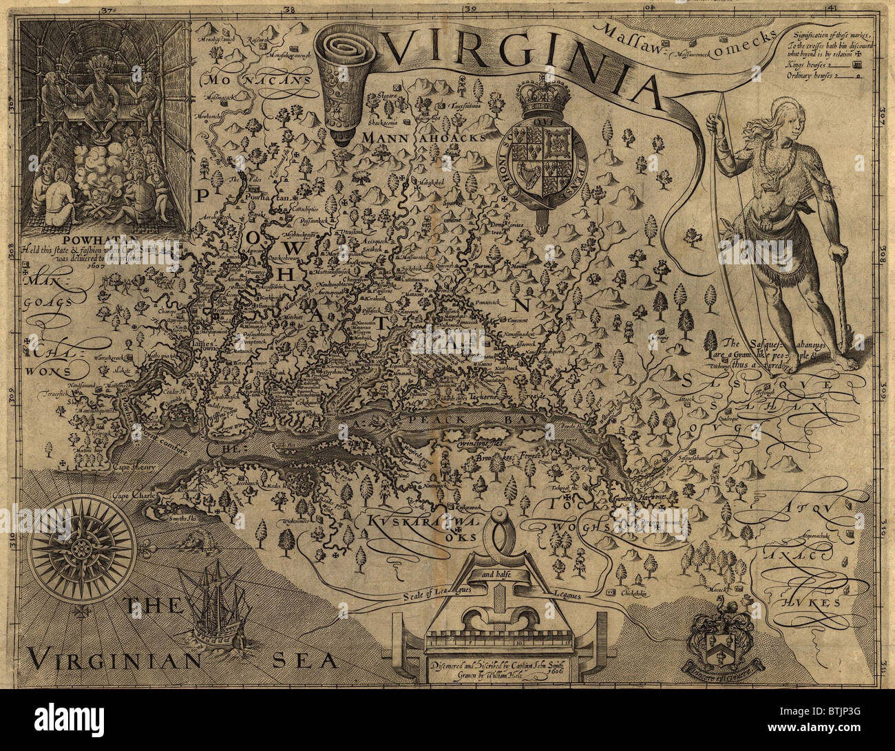 1606 map of Virginia as discovered and described by Captain John Smith. Map included image of Native American Chief Powhatan, father of Pocahontas holding court with attendants, and a figure of an Native man attired in fashioned skins with bow and arrow. Stock Photo