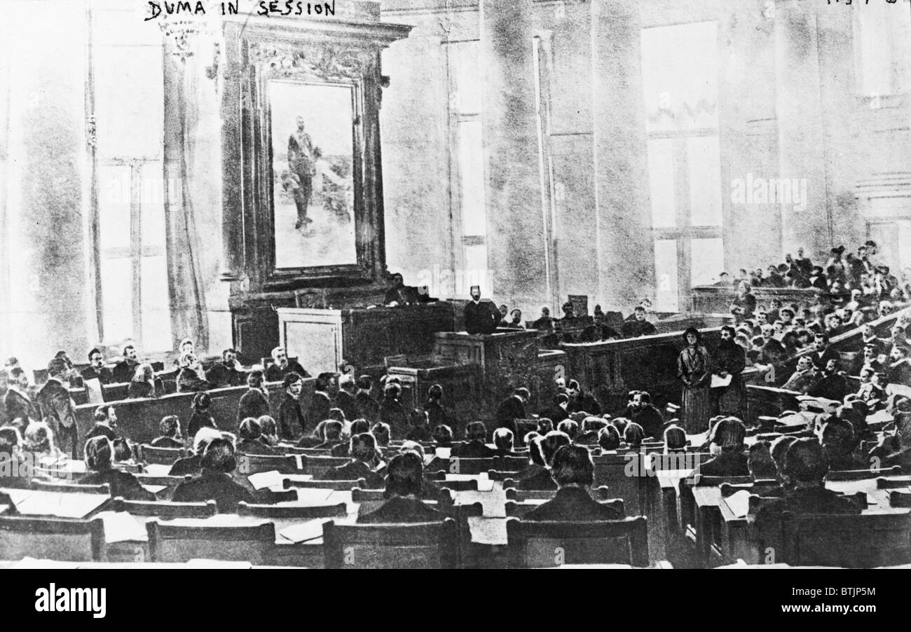 The Russian Duma, the elected during the March 1917, the month it was dissolved during the Russia Revolution. Stock Photo