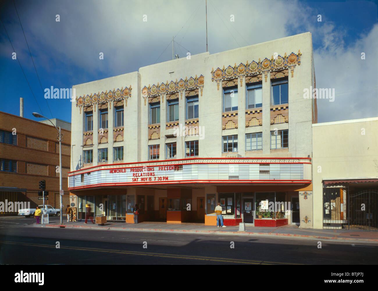 Movie Theaters, The Kimo Theater, marquee reads: 'Newchild Productions presents Relations Sat Nov 15 7:30 PM', photograph by Walter Smalling, 421 Central Northest, Albuquerque, New Mexico, circa 1980s. Stock Photo