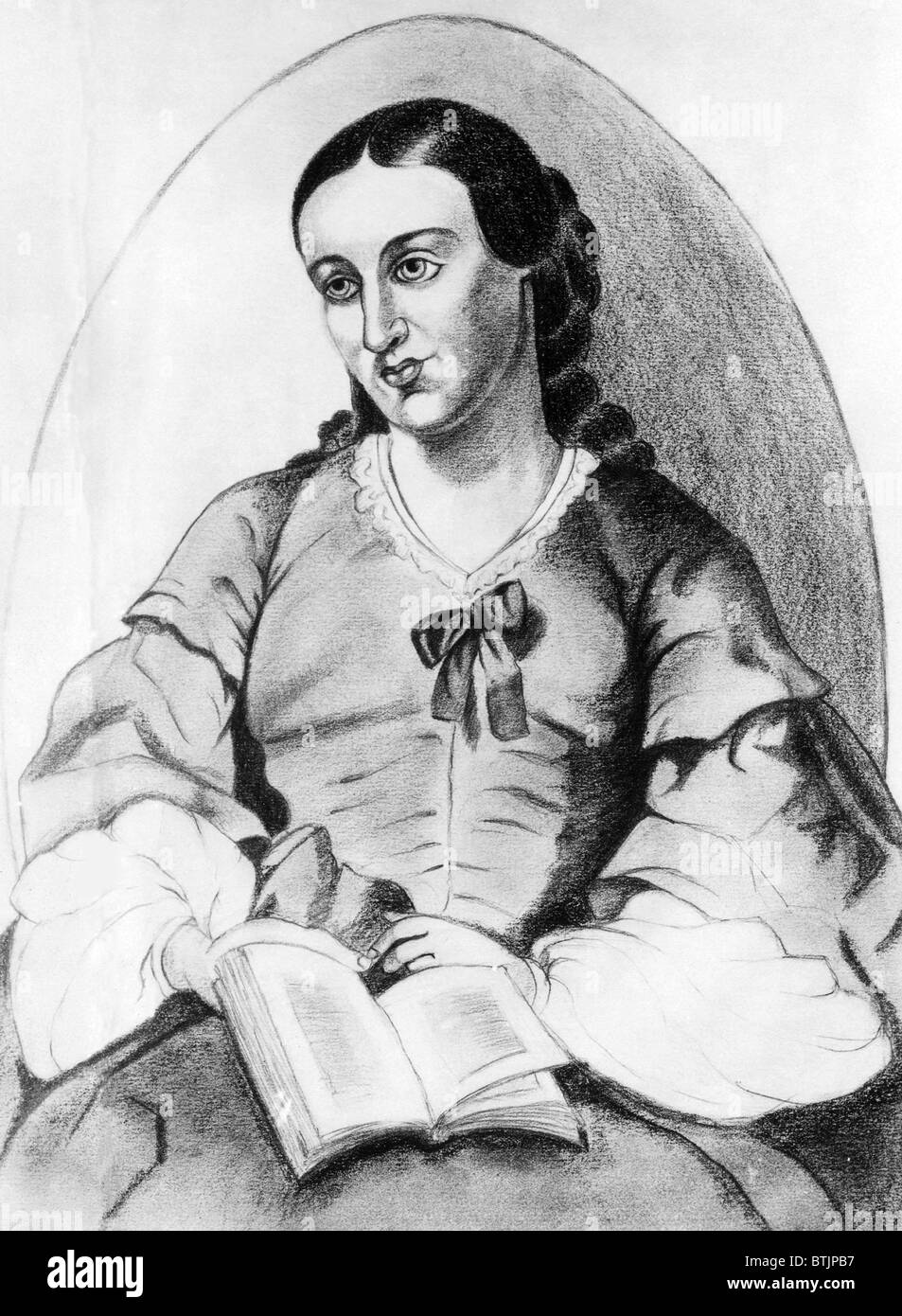 A pencil drawing of America's pioneer feminist Margaret Fuller by S.W. Bergman. ca. mid 1800s. Stock Photo