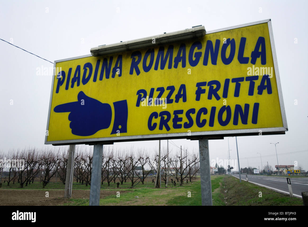 Ravenna. Italy. Roadside sign indicating piadina romagnola. Stock Photo