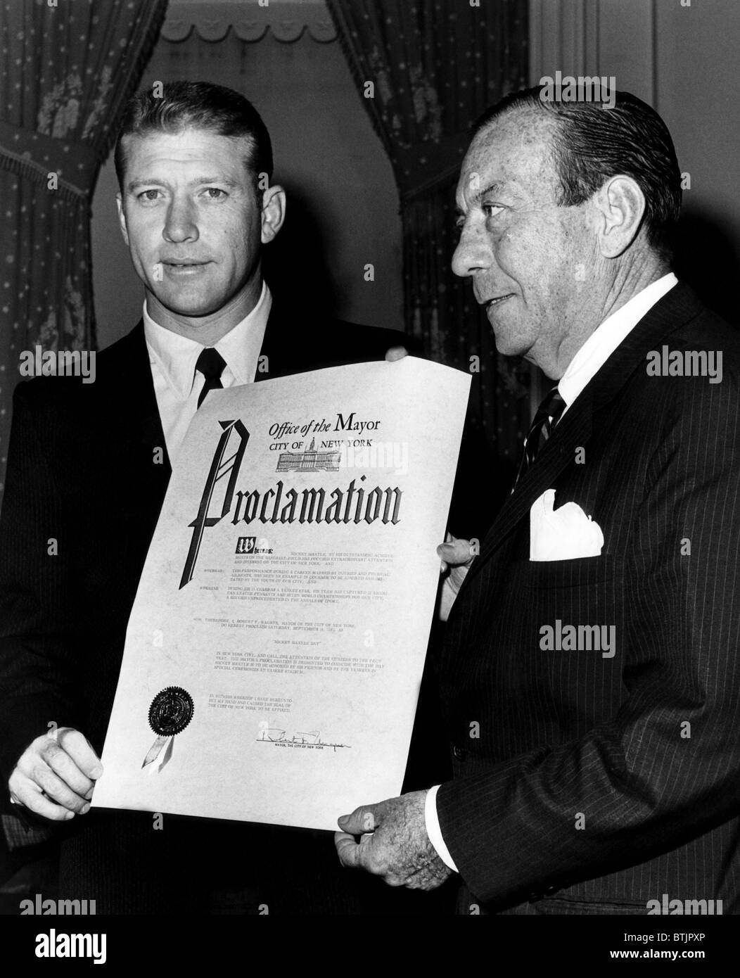 Mickey Mantle, and New York Mayor Robert F. Wagner. The New York Mayor is presenting a proclamation designating September 18th, Stock Photo