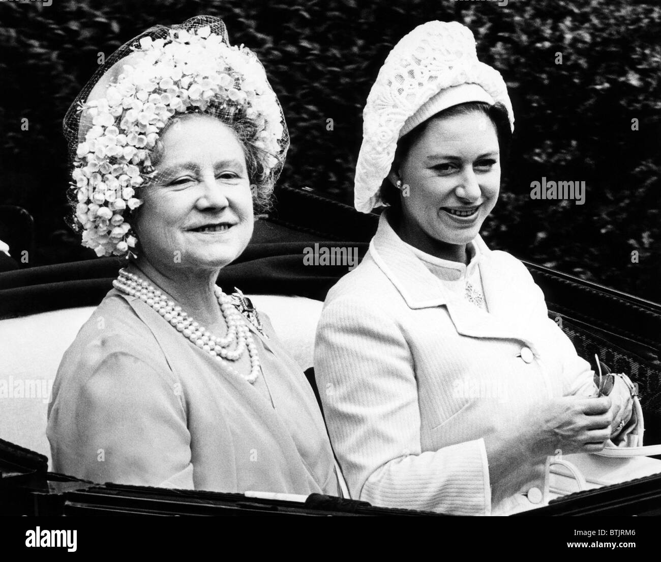 Queen Elizabeth (the Queen Mother), Princess Margaret, arriving on the first day of the Royal Ascot Races in England, 1968. Stock Photo