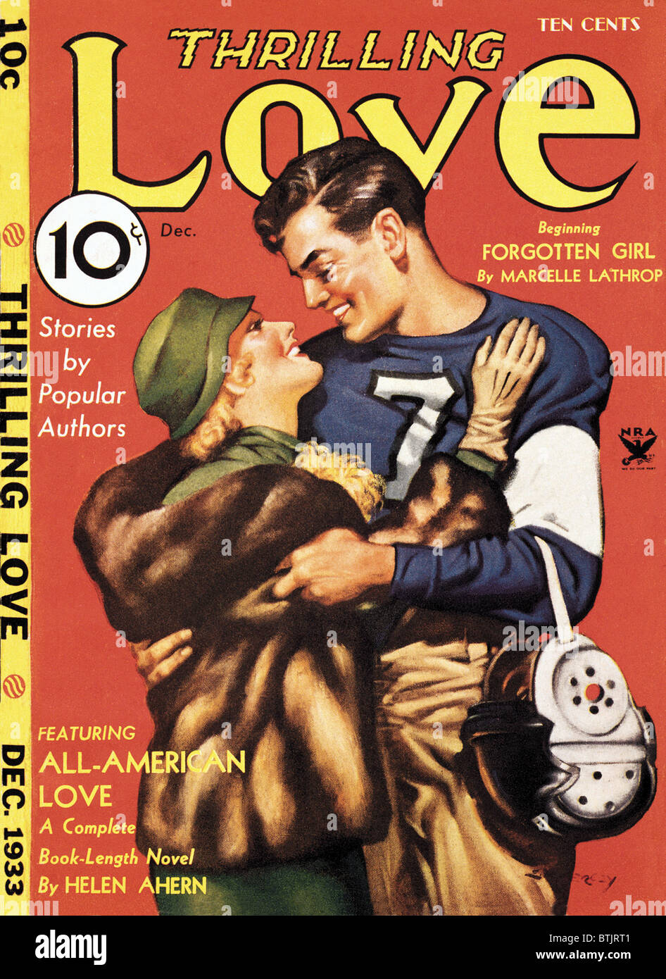Football. A college football player and woman in fur coat embracing and smiling at each other, Illus. in Thrilling love, Dec 1933. Stock Photo