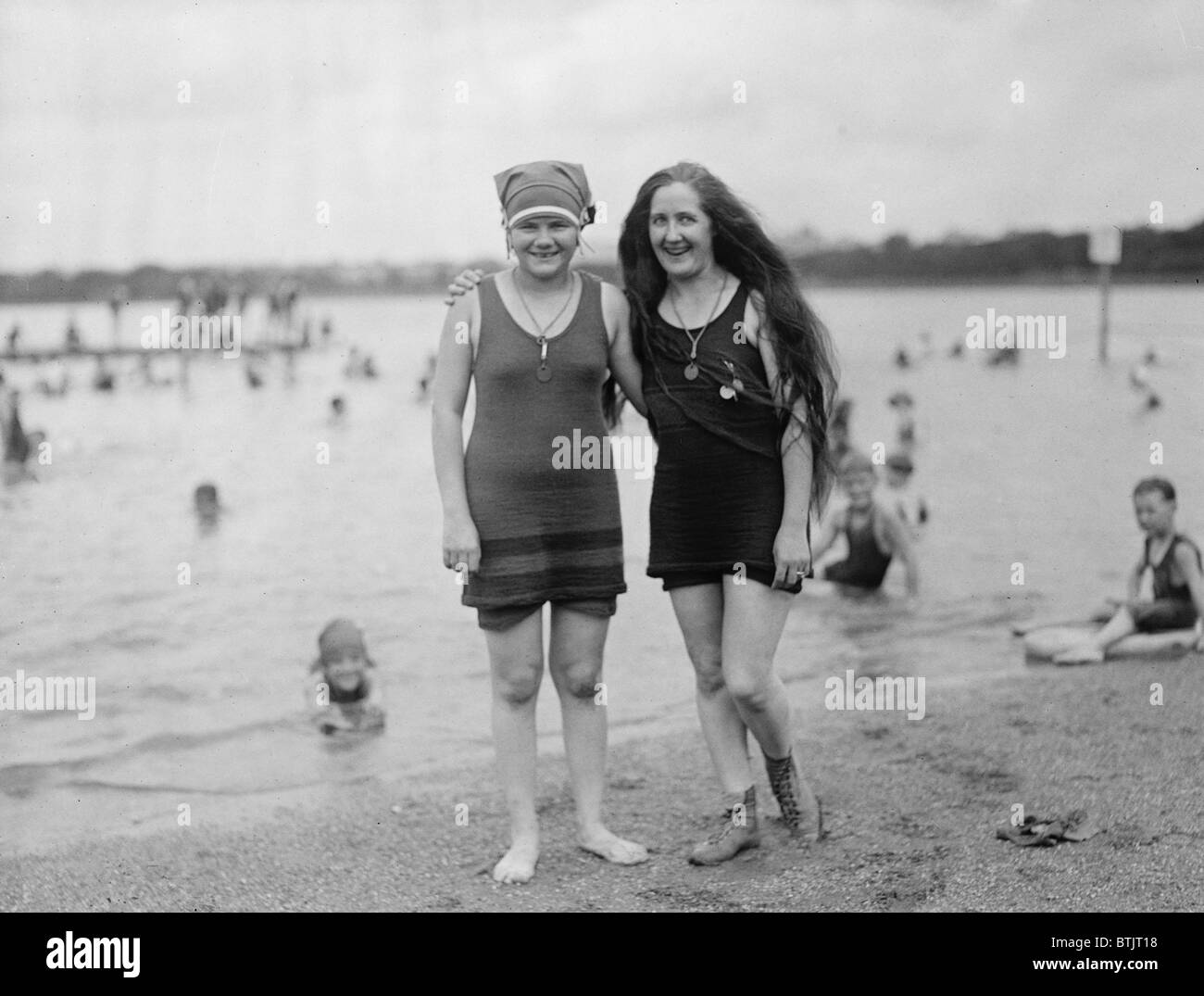 Two young women at Washington DC bathing beach in 1921. Stock Photo