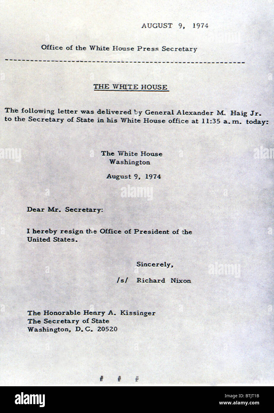 Richard Nixon's Letter Of Resignation as President of the United States 8/9/74 Stock Photo