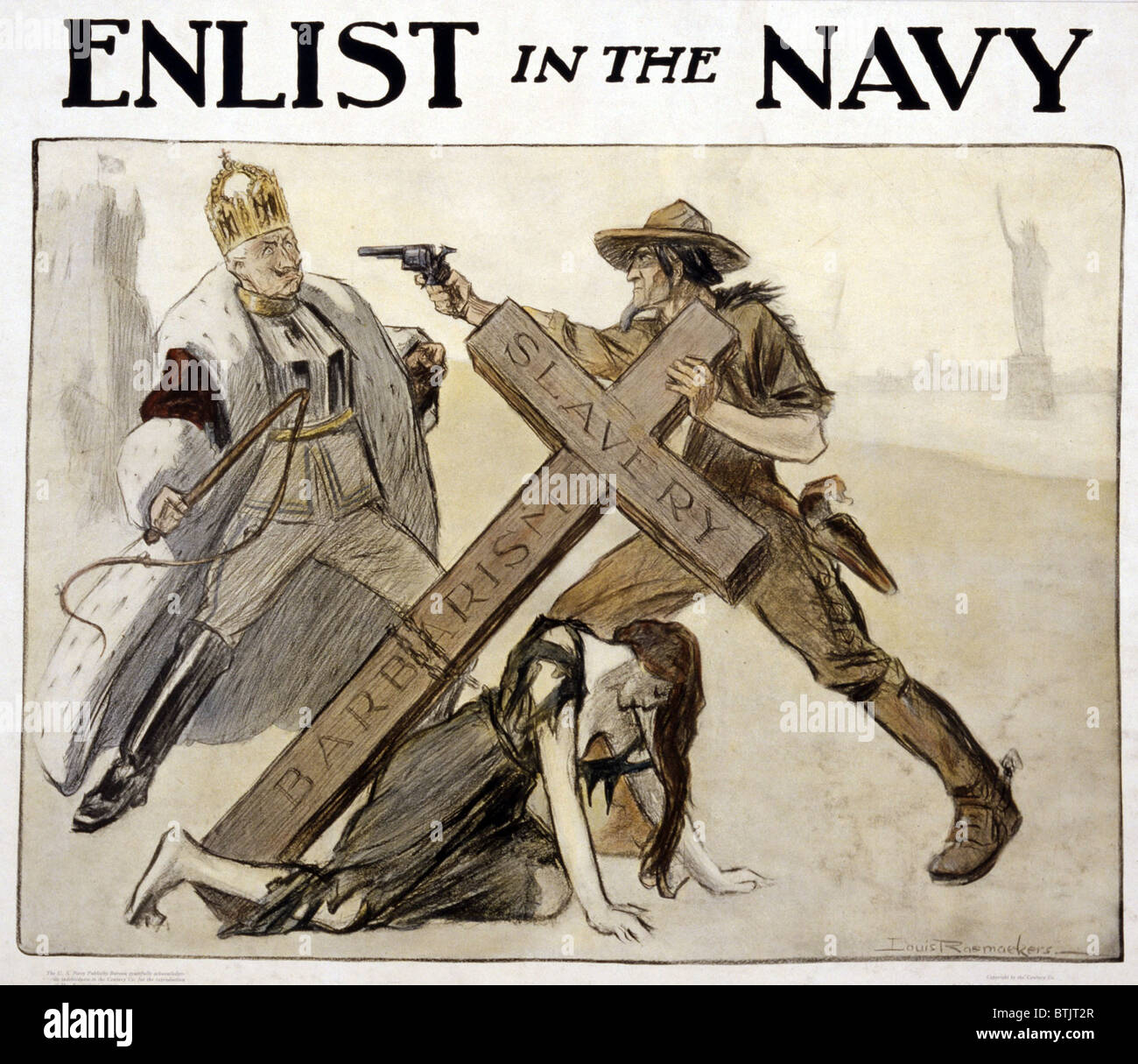 World War I American recruitment poster for US Navy shows Uncle Sam, protecting a woman and points a revolver at the crowned Kaiser. Statue of Liberty visible in background. Stock Photo
