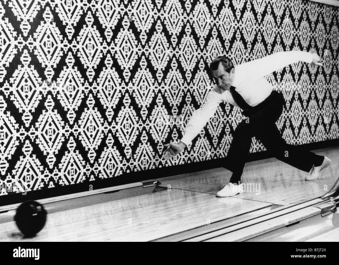 U.S. President Richard Nixon, bowling in the Executive Office Building located across from the White House, Washington D.C., 197 Stock Photo