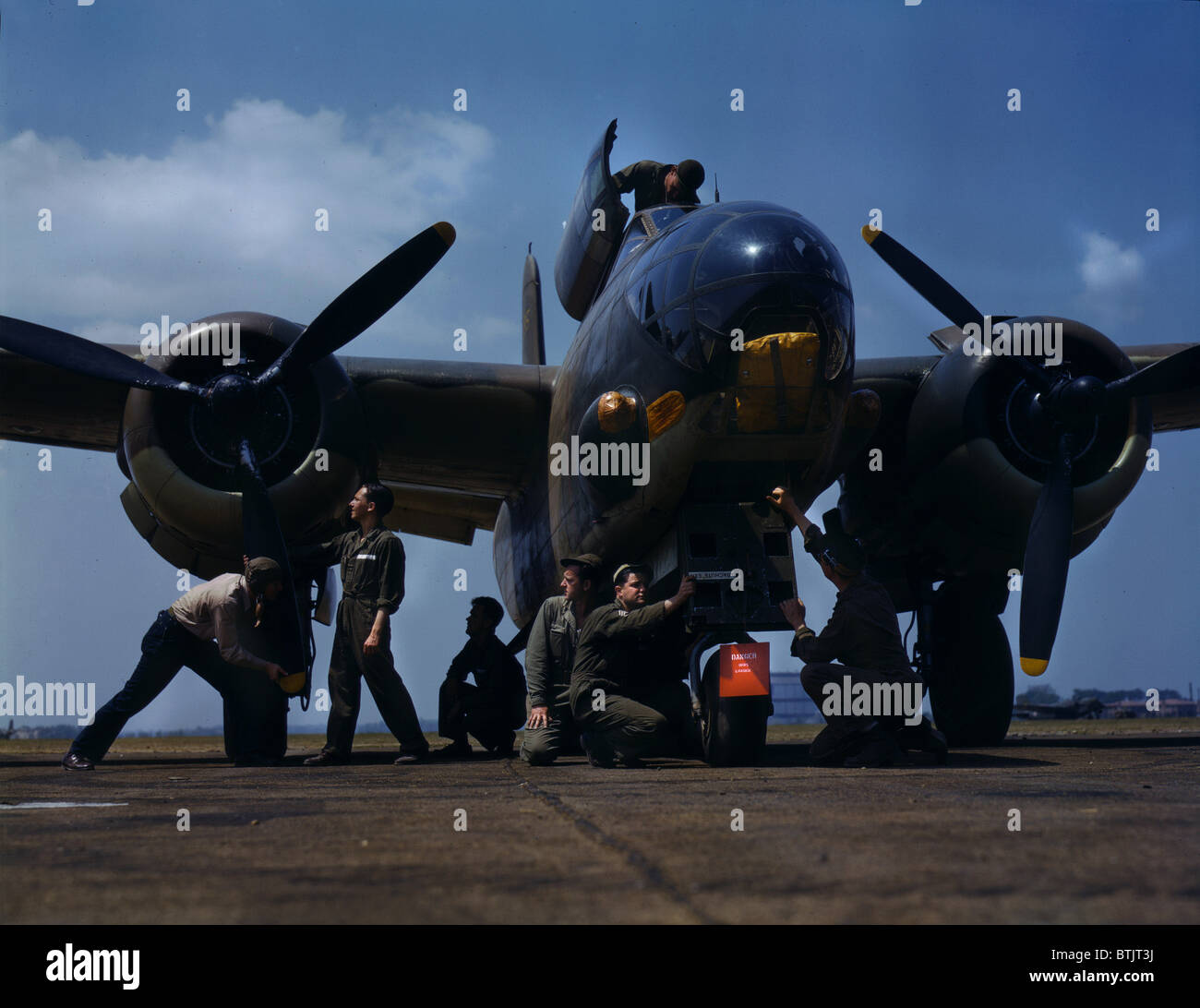World War II, servicing an A-20 bomber, photograph by Alfred T. Palmer, Langley Field, Viginia, July, 1942. Stock Photo