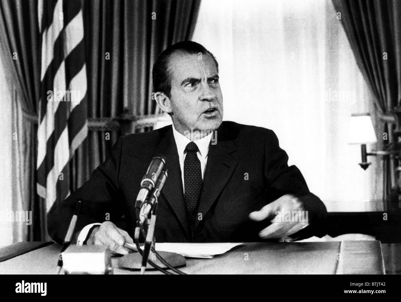 President Richard Nixon in the White House after giving a nationally broadcast speech, Washington D.C., October 17, 1969. Stock Photo