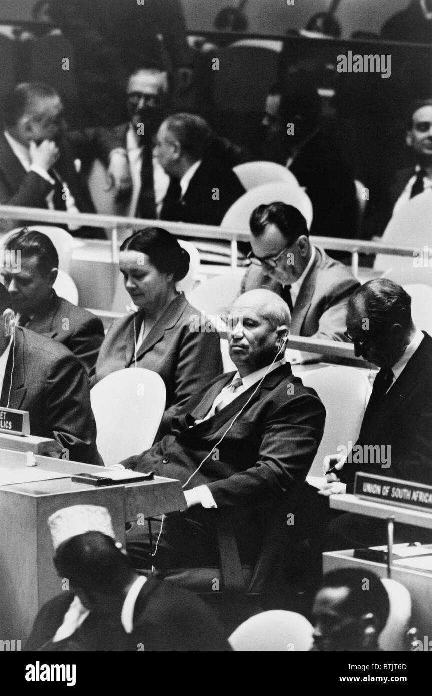 Nikita Khrushchev (front, center), leader of the Union of Soviet Socialist Republics, at a meeting of the United Nations General Assembly, New York, New York, photograph by Warren K, Leffler, September 22, 1960. Stock Photo