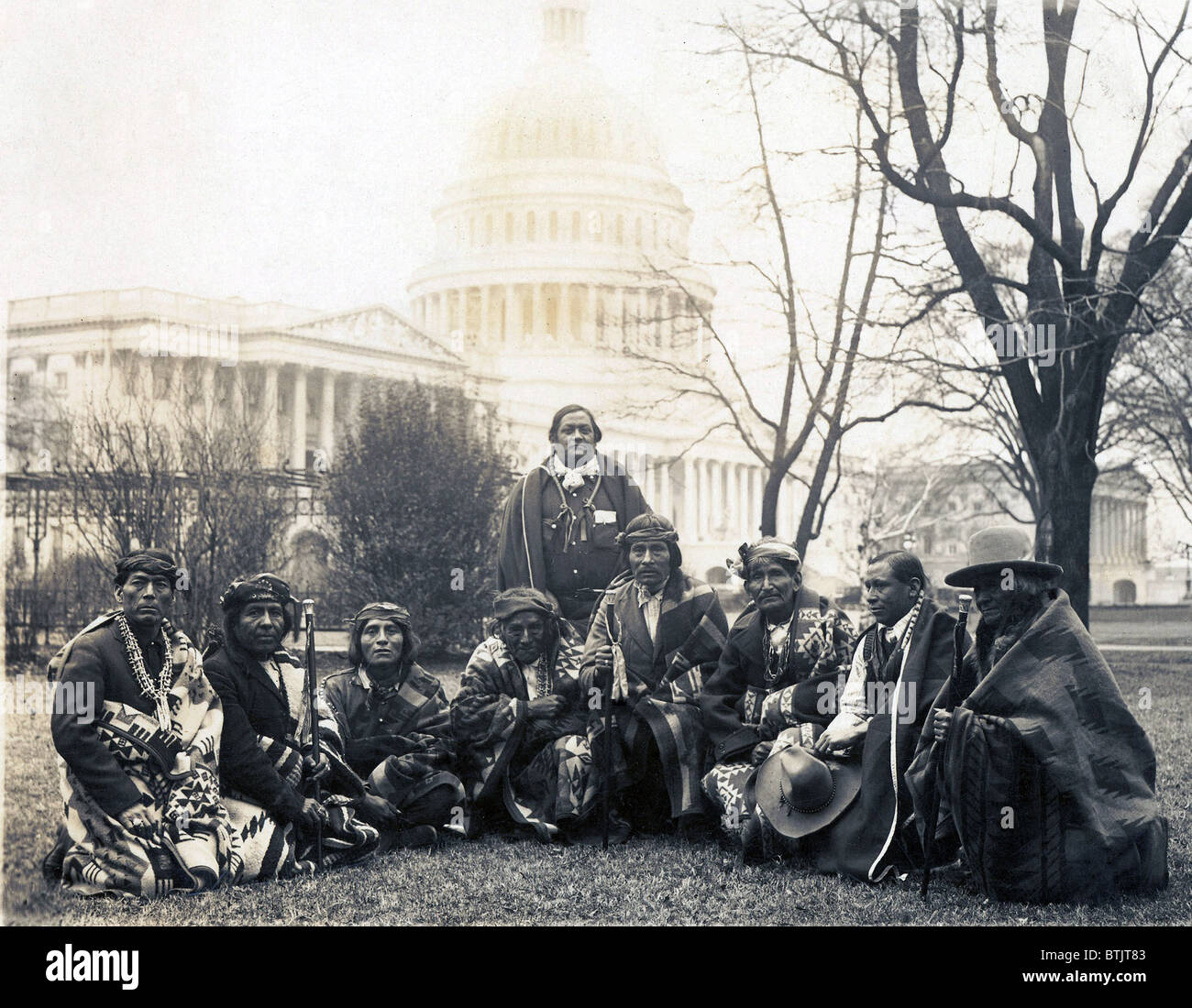 Pueblo Indians photographed at the U.S. Capitol in their first formal visit to Washington DC since the Lincoln Administration. They appeared before the Senate Lands Committee. 1923. Stock Photo