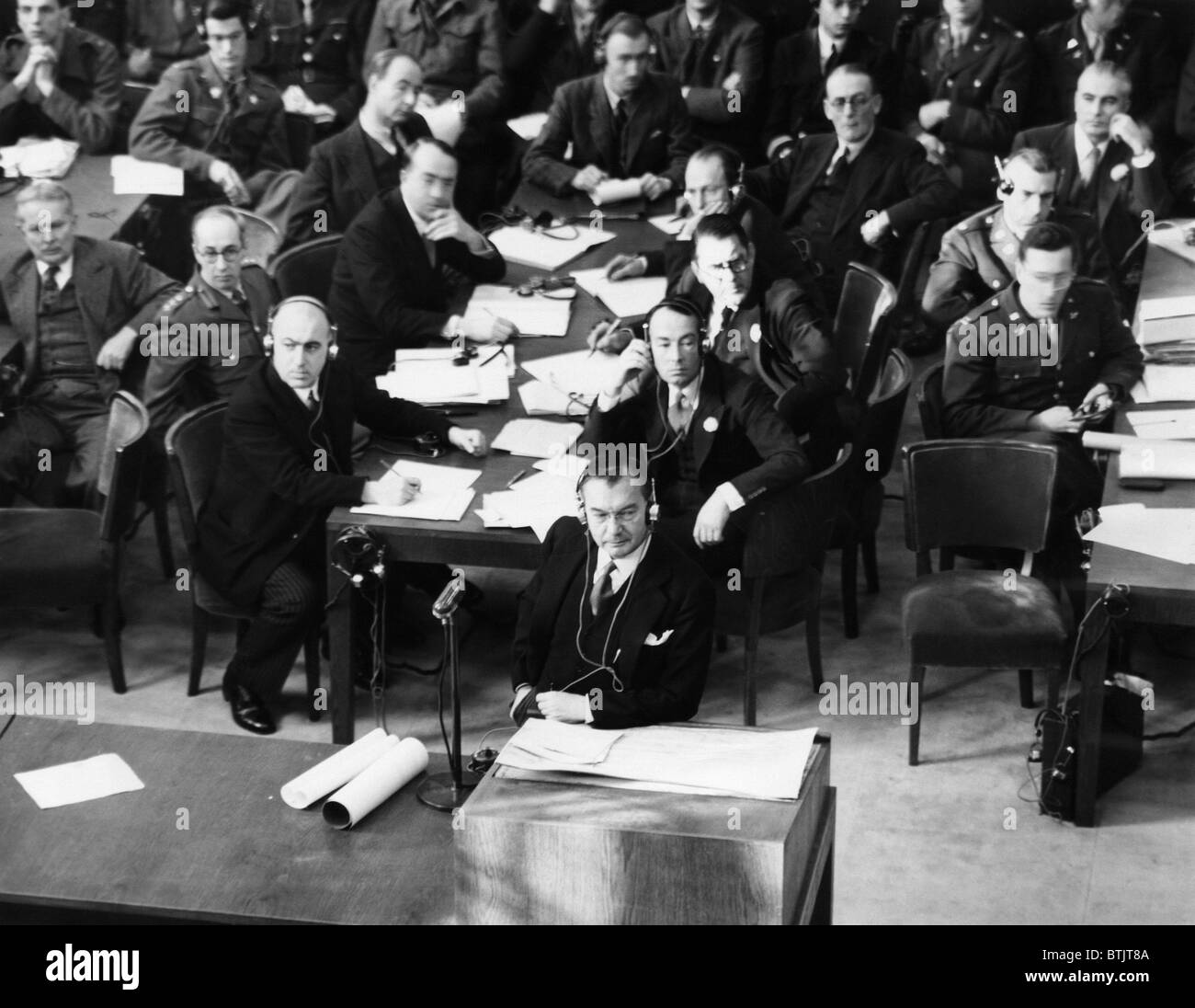 U.S. Prosecutor Robert H. Jackson (center) during the Krupp von Bohlen trial at Nuremberg, 1945 Stock Photo