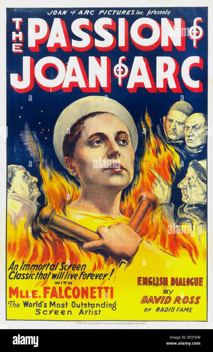 THE PASSION OF JOAN OF ARC, (aka LA PASSION DE JEANNE D'ARC), Maria Falconetti as Joan of Arc (center), caption reads: 'An immortal screen classic that will live forever! With Mlle. Falconetti the world's most outstanding screen artist. English dialog by David Rose of Radio Fame.' 1928. Stock Photo
