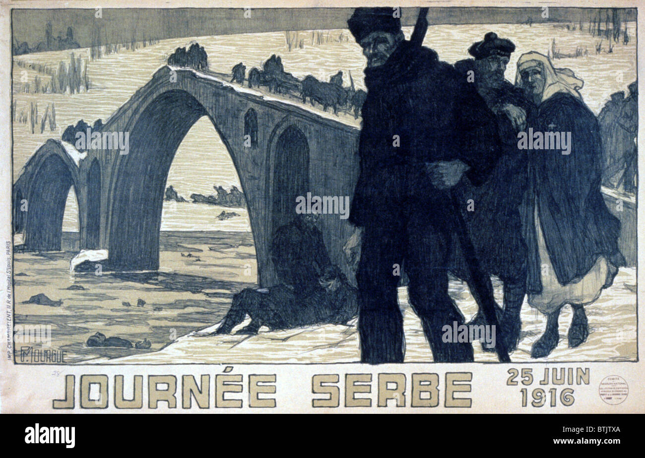 WORLD WAR I, Serbia Day. June 25, 1916, poster showing Serbians, both military and civilian, crossing the River Drina into Albania or what is now Yugoslavia, original title: 'Journee Serbe, 25 juin 1916', lithograph by P. Mourgue, circa 1916. Stock Photo