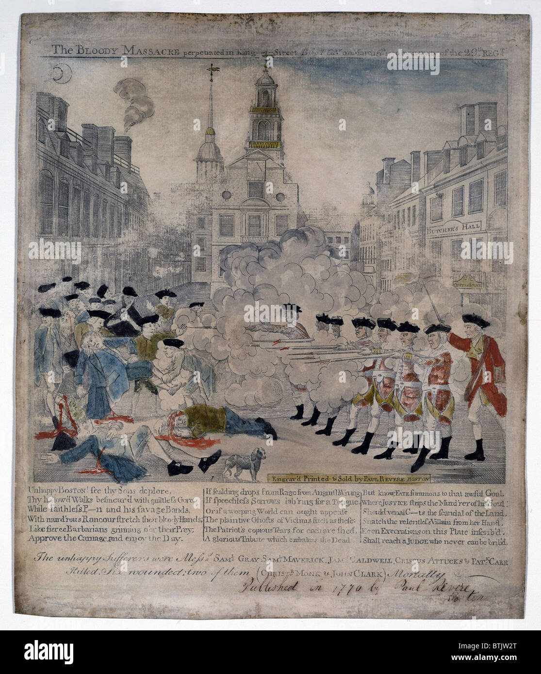 Boston Massacre. British troops shoot into and a crowd in Boston, Mass. on March 5, 1770, killing five civilians including, Samuel Gray, Crispus Attucks (an African American), Patrick Carr, John Clark. Engraving by Paul Revere with watercolor. Stock Photo