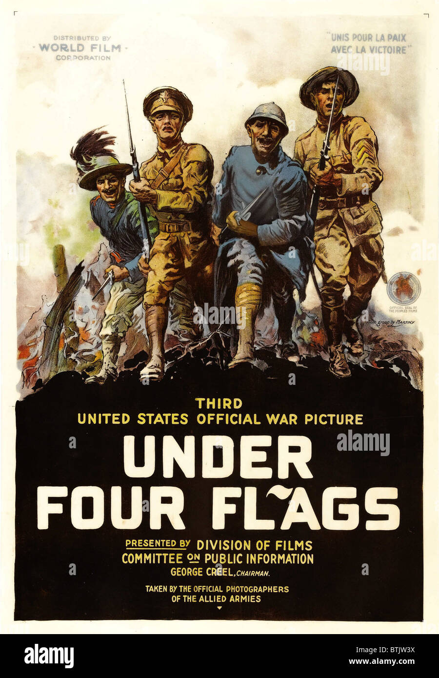 hane Bourgeon hestekræfter World War I movie poster for "Under Four Flags," showing four fighting  soldiers, one from each allied country, 1917. The government film was part  of George Creel's campaign to bui d public