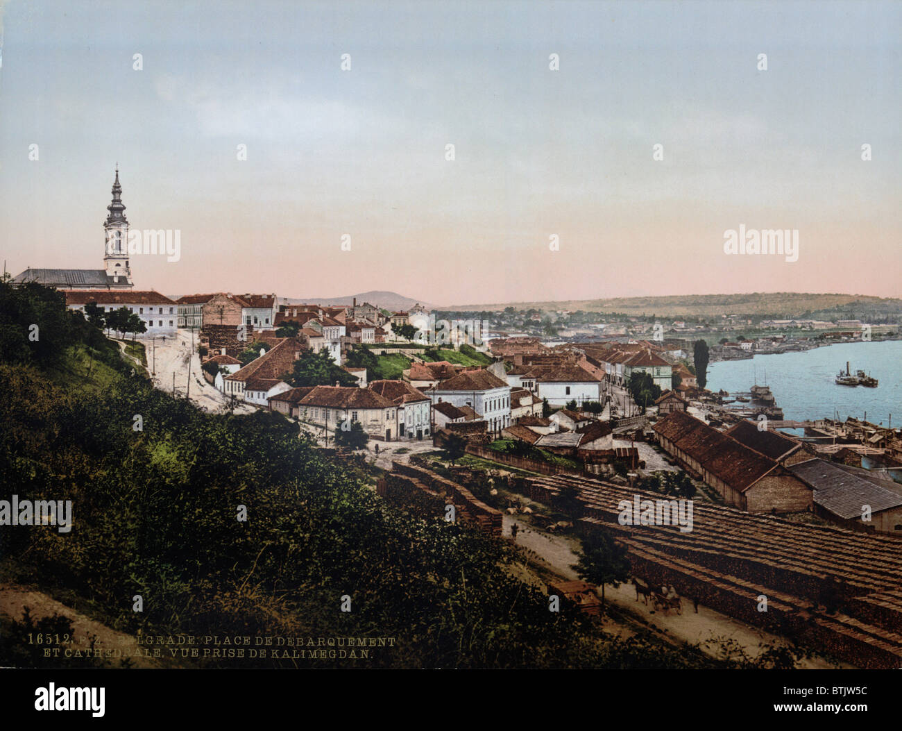 Serbia, landing place and cathedral, Belgrade, photochrom, circa early 1900s. Stock Photo