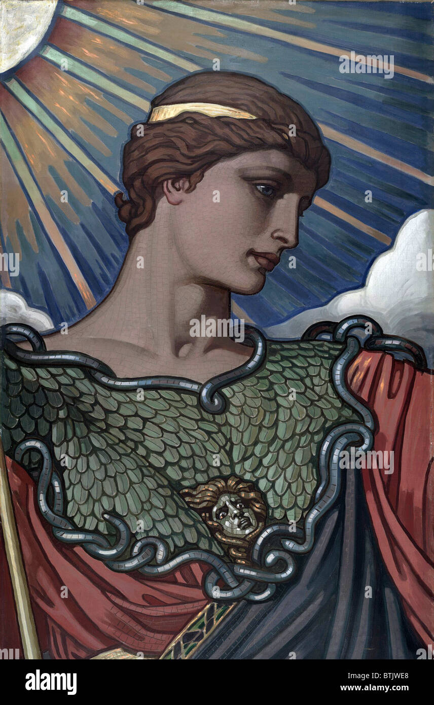 Minerva, goddess of war and Roman counterpart of Athena.  1896 painting by American mural painter Elihu Vedder. Stock Photo