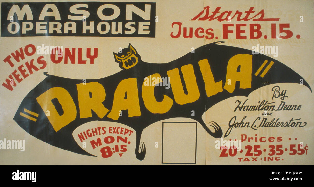 Poster for Federal Theatre Project presentation of Dracula at the Mason Opera House, showing a large bat, original title: 'Dracula by Hamilton Deane and John L. Dalderston (aka Balderston) Two weeks only', circa 1938. Stock Photo