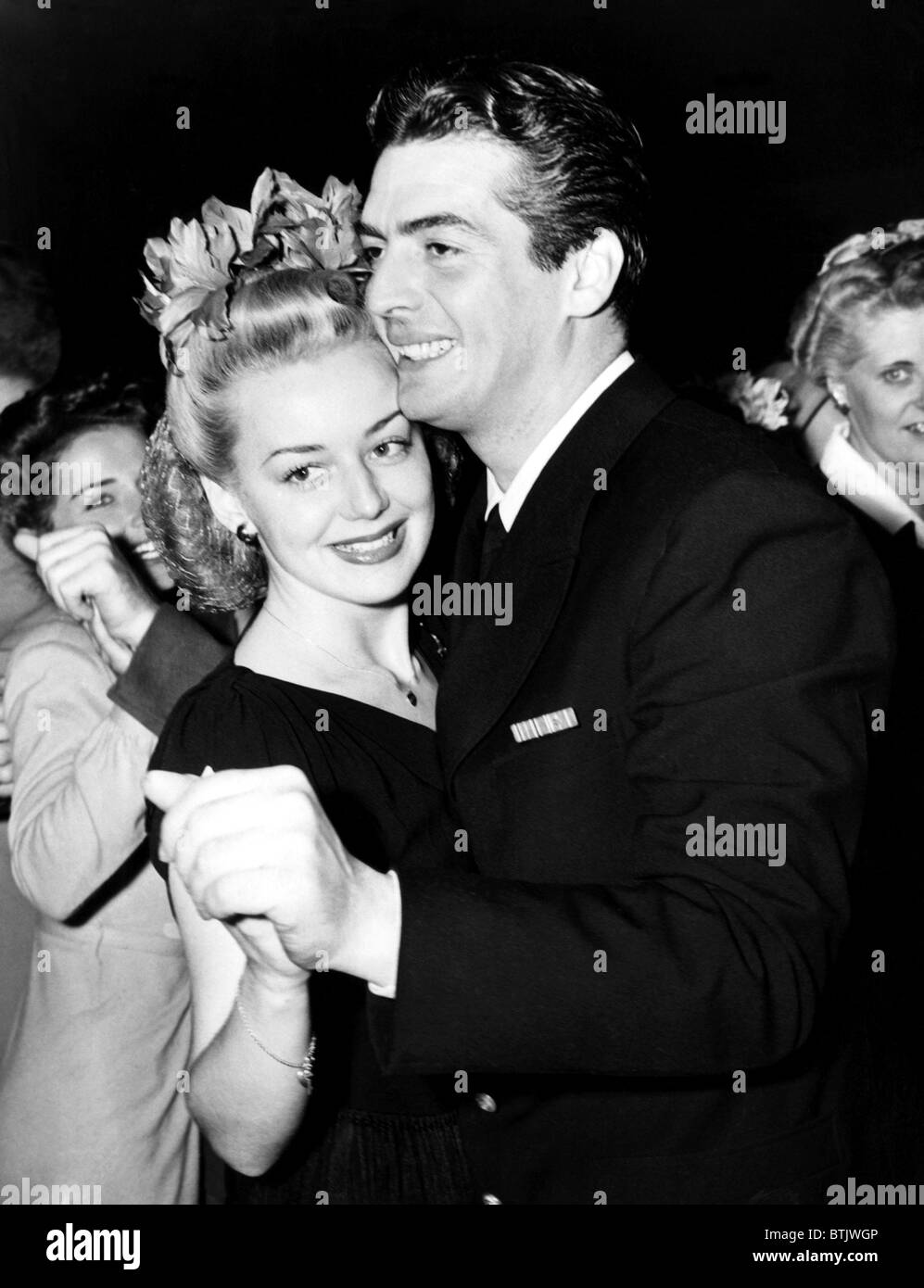 Anne Shirley, Victor Mature, celebrating their engagement, Hollywood, California, October 28, 1943. Stock Photo