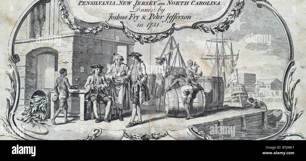 The Tobacco Trade. Merchants relax while slave s load barrels with tobacco bound for export. Engraved cartouche from a map of the mid-atlantic colonies. Drawn by Joshua Fry & Peter Jefferson in 1751. Stock Photo
