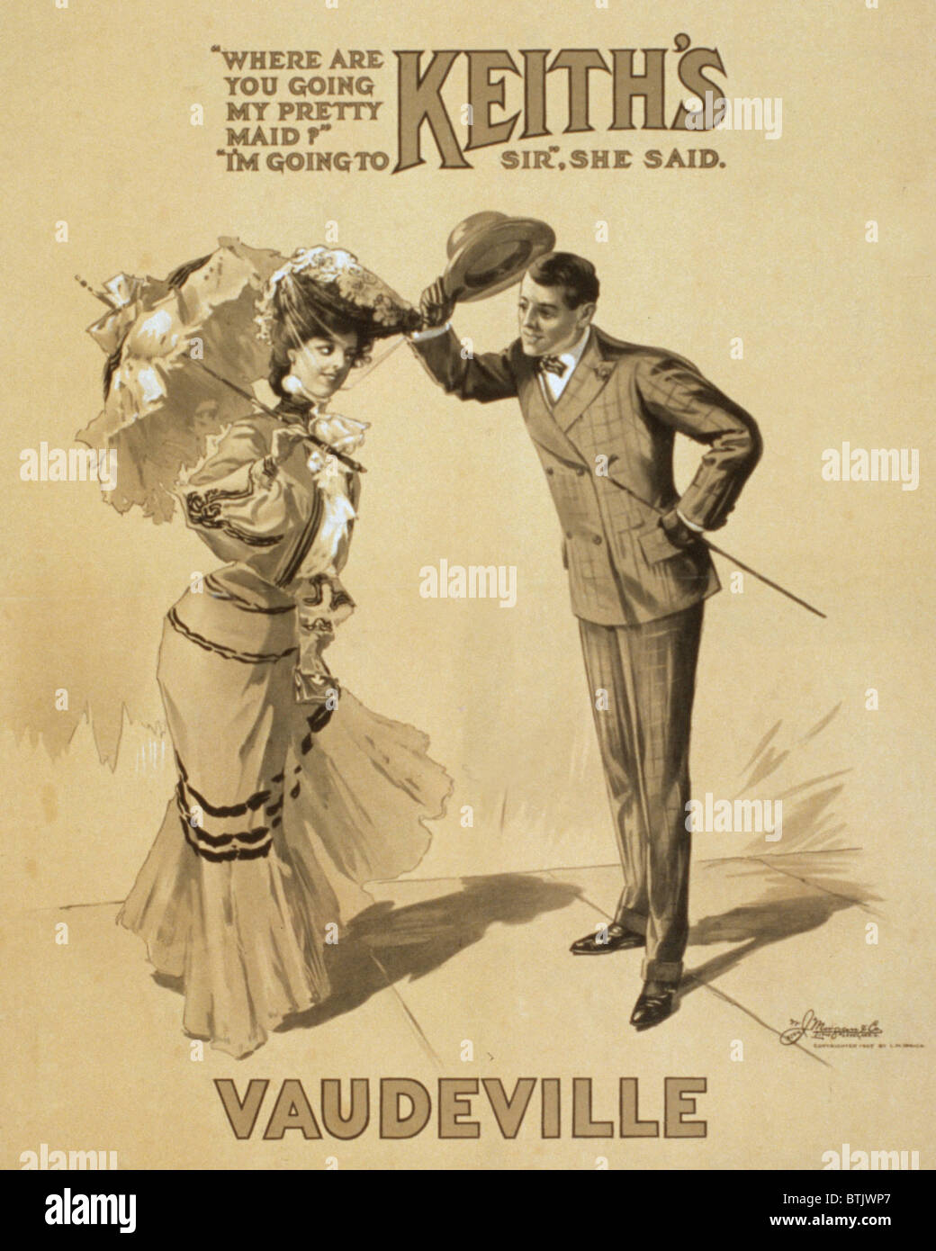 Poster advertising Keith's Vaudeville, original title: Where are you going my pretty maid?' 'I'm going to Keith's Vaudeville, Sir,' she said, W.J. Morgan & Co. Lith., Cleveland, Ohio, by L.M. Eirick, 1905. Stock Photo