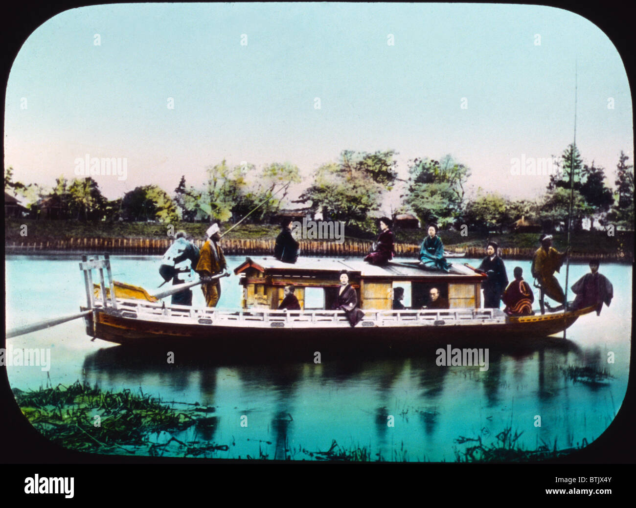 Japan, a houseboat, hand colored lantern slide, photograph by William Henry Jackson, 1895. Stock Photo